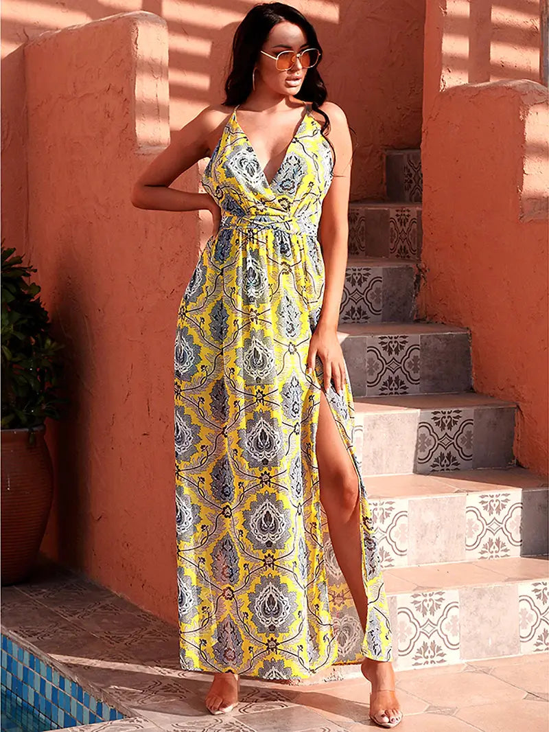 Seville Yellow Print Chiffon Maxi Dress ...